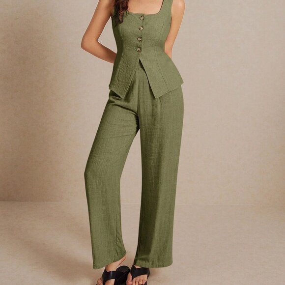 Army Green Casual Women's Summer Linen Sleeveless Vest Top And Trousers Set - Picture 3 of 8
